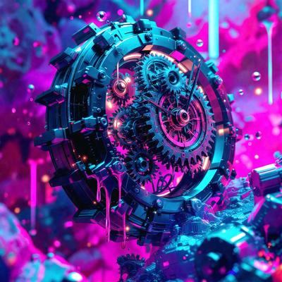 The primary subject of the image is a large, intricate clock with a purple background. The clock is surrounded by a variety of smaller clocks, creating a visually striking scene. The setting appears to be a futuristic or fantastical environment, with the clocks floating in the air. The visual style of the image is a combination of digital art and illustration, giving it a unique and captivating appearance. The dominant colors in the image are purple and blue, which contribute to the overall atmosphere of the scene.